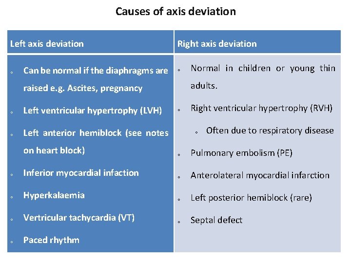 Causes of axis deviation Left axis deviation o Can be normal if the diaphragms Causes of axis deviation Left axis deviation o Can be normal if the diaphragms