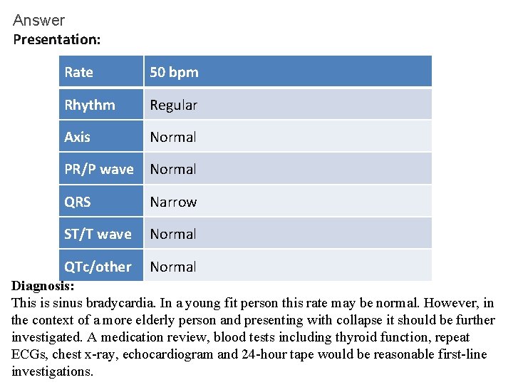 Answer Presentation: Rate 50 bpm Rhythm Regular Axis Normal PR/P wave Normal QRS Narrow Answer Presentation: Rate 50 bpm Rhythm Regular Axis Normal PR/P wave Normal QRS Narrow
