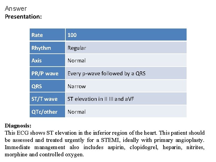 Answer Presentation: Rate 100 Rhythm Regular Axis Normal PR/P wave Every p-wave followed by Answer Presentation: Rate 100 Rhythm Regular Axis Normal PR/P wave Every p-wave followed by