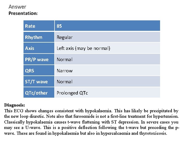 Answer Presentation: Rate 85 Rhythm Regular Axis Left axis (may be normal) PR/P wave Answer Presentation: Rate 85 Rhythm Regular Axis Left axis (may be normal) PR/P wave