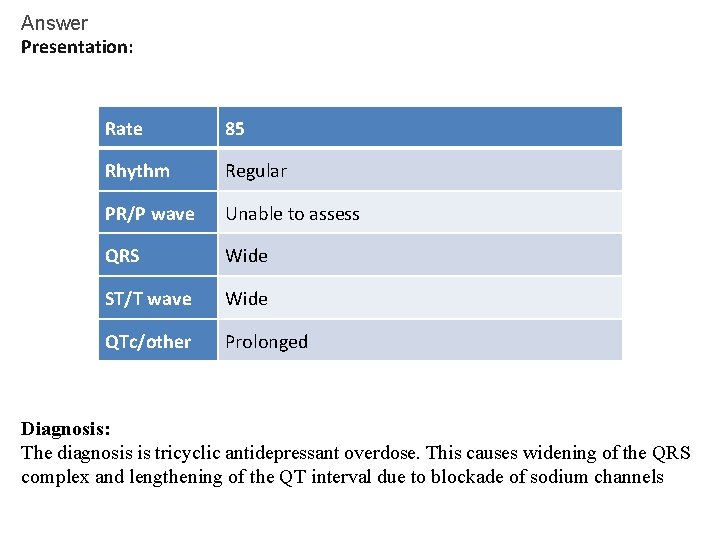 Answer Presentation: Rate 85 Rhythm Regular PR/P wave Unable to assess QRS Wide ST/T Answer Presentation: Rate 85 Rhythm Regular PR/P wave Unable to assess QRS Wide ST/T