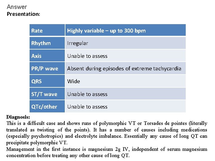 Answer Presentation: Rate Highly variable – up to 300 bpm Rhythm Irregular Axis Unable Answer Presentation: Rate Highly variable – up to 300 bpm Rhythm Irregular Axis Unable