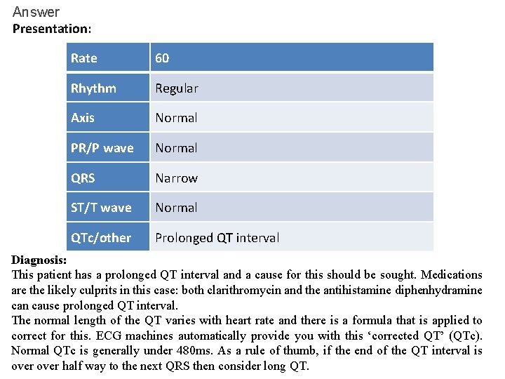 Answer Presentation: Rate 60 Rhythm Regular Axis Normal PR/P wave Normal QRS Narrow ST/T Answer Presentation: Rate 60 Rhythm Regular Axis Normal PR/P wave Normal QRS Narrow ST/T