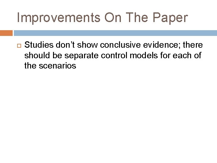 Improvements On The Paper Studies don’t show conclusive evidence; there should be separate control