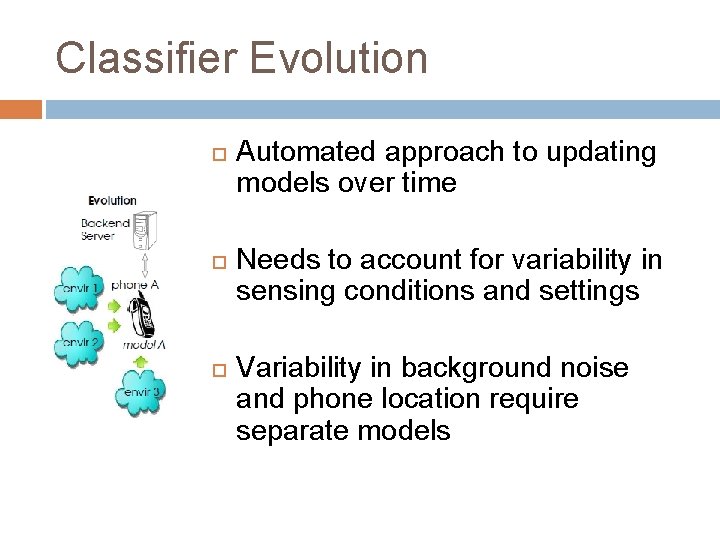 Classifier Evolution Automated approach to updating models over time Needs to account for variability