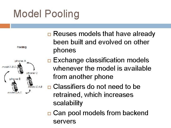 Model Pooling Reuses models that have already been built and evolved on other phones