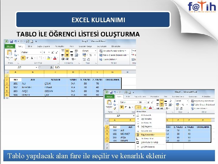 EXCEL KULLANIMI TABLO İLE ÖĞRENCİ LİSTESİ OLUŞTURMA Tablo yapılacak alan fare ile seçilir ve