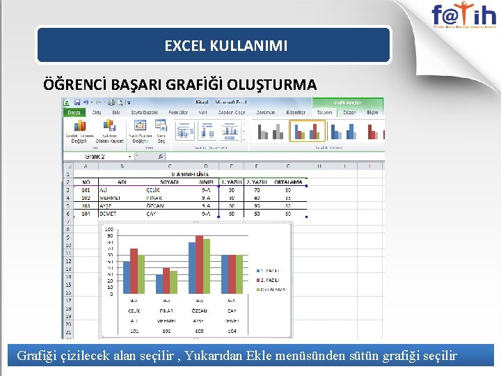 EXCEL KULLANIMI ÖĞRENCİ BAŞARI GRAFİĞİ OLUŞTURMA Grafiği çizilecek alan seçilir , Yukarıdan Ekle menüsünden