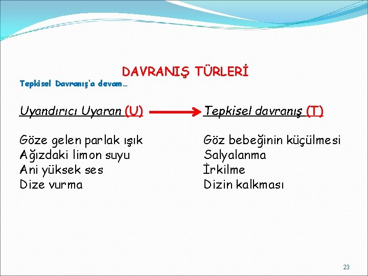 DAVRANIŞ TÜRLERİ Tepkisel Davranış’a devam… Uyandırıcı Uyaran (U) Tepkisel davranış (T) Göze gelen parlak