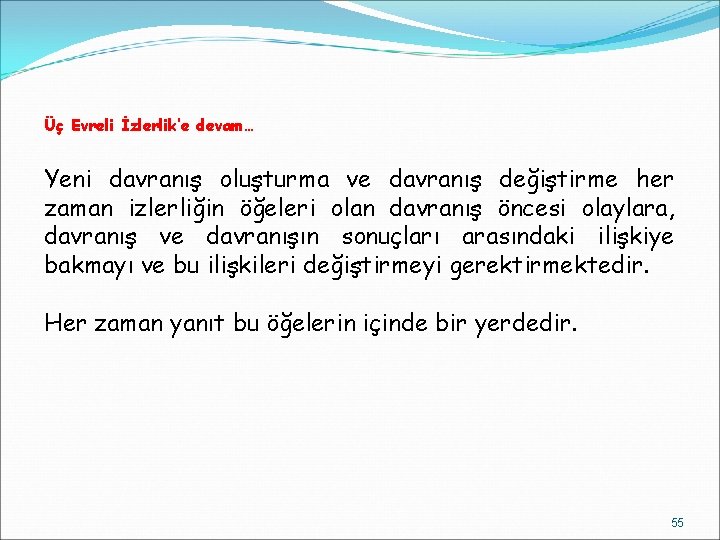 Üç Evreli İzlerlik’e devam… Yeni davranış oluşturma ve davranış değiştirme her zaman izlerliğin öğeleri