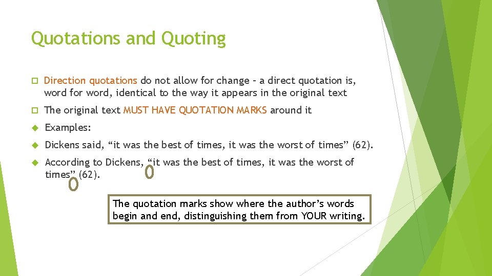 Quotations and Quoting Direction quotations do not allow for change – a direct quotation