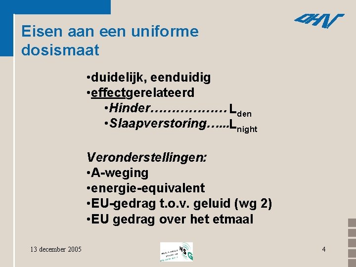 Eisen aan een uniforme dosismaat • duidelijk, eenduidig • effectgerelateerd • Hinder……………… Lden •