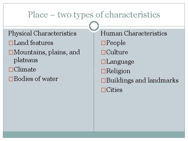 Place – two types of characteristics Physical Characteristics �Land features �Mountains, plains, and plateaus