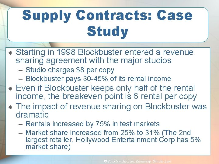Supply Contracts: Case Study Starting in 1998 Blockbuster entered a revenue sharing agreement with