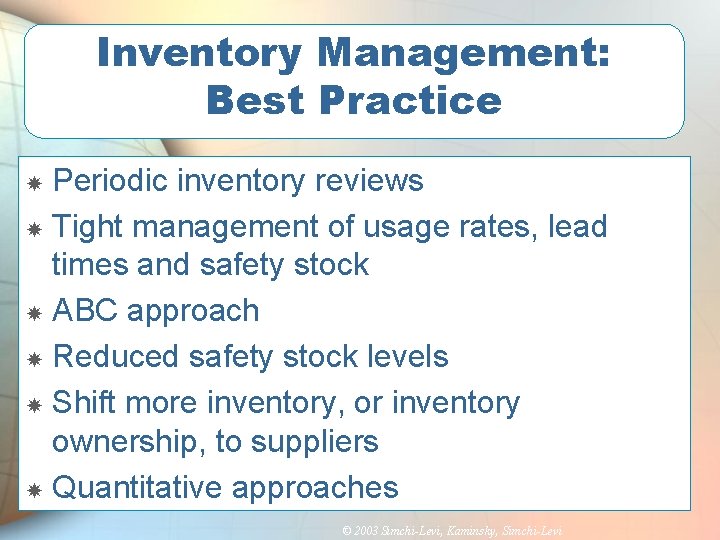 Inventory Management: Best Practice Periodic inventory reviews Tight management of usage rates, lead times