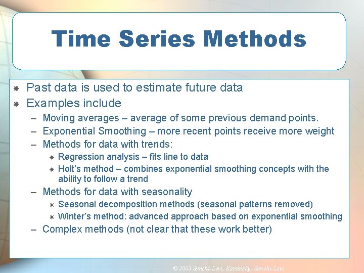 Time Series Methods Past data is used to estimate future data Examples include –