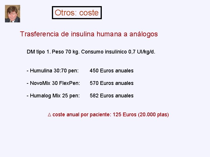 Otros: coste Trasferencia de insulina humana a análogos DM tipo 1. Peso 70 kg.