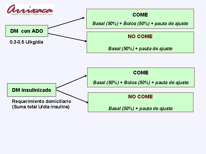 COME Basal (50%) + Bolos (50%) + pauta de ajuste DM con ADO NO