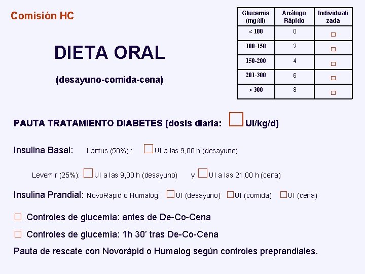 Glucemia (mg/dl) Análogo Rápido Individuali zada < 100 0 □ DIETA ORAL 100 -150