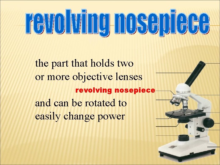 the part that holds two or more objective lenses revolving nosepiece and can be