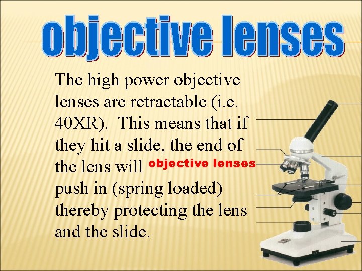 The high power objective lenses are retractable (i. e. 40 XR). This means that