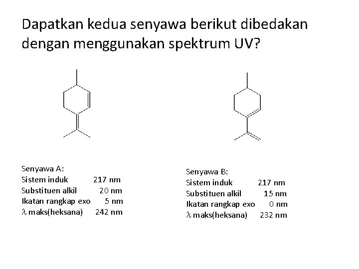 Dapatkan kedua senyawa berikut dibedakan dengan menggunakan spektrum UV? Senyawa A: Sistem induk 217