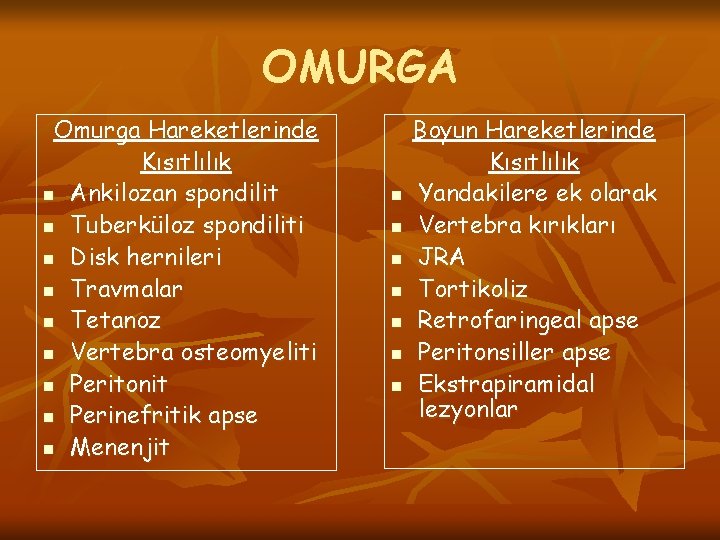 OMURGA Omurga Hareketlerinde Kısıtlılık n Ankilozan spondilit n Tuberküloz spondiliti n Disk hernileri n