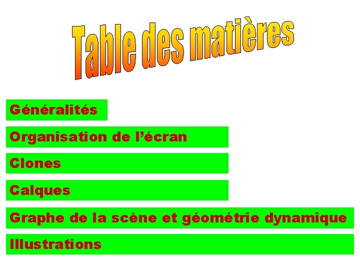 Généralités Organisation de l’écran Clones Calques Graphe de la scène et géométrie dynamique Illustrations