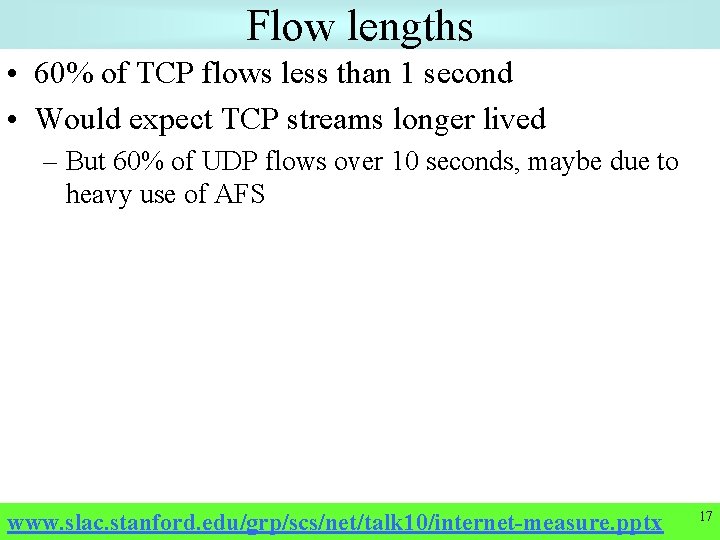 Flow lengths • 60% of TCP flows less than 1 second • Would expect