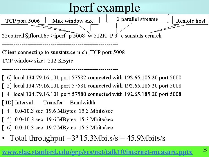 Iperf example TCP port 5006 Max window size 3 parallel streams Remote host 25