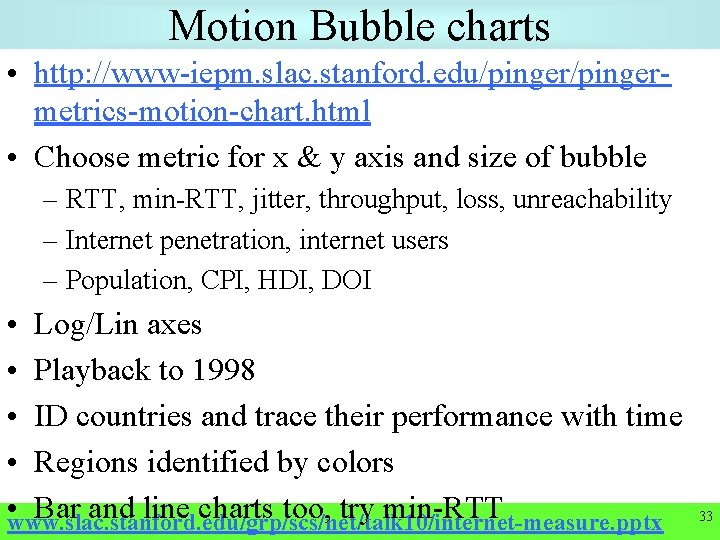 Motion Bubble charts • http: //www-iepm. slac. stanford. edu/pingermetrics-motion-chart. html • Choose metric for