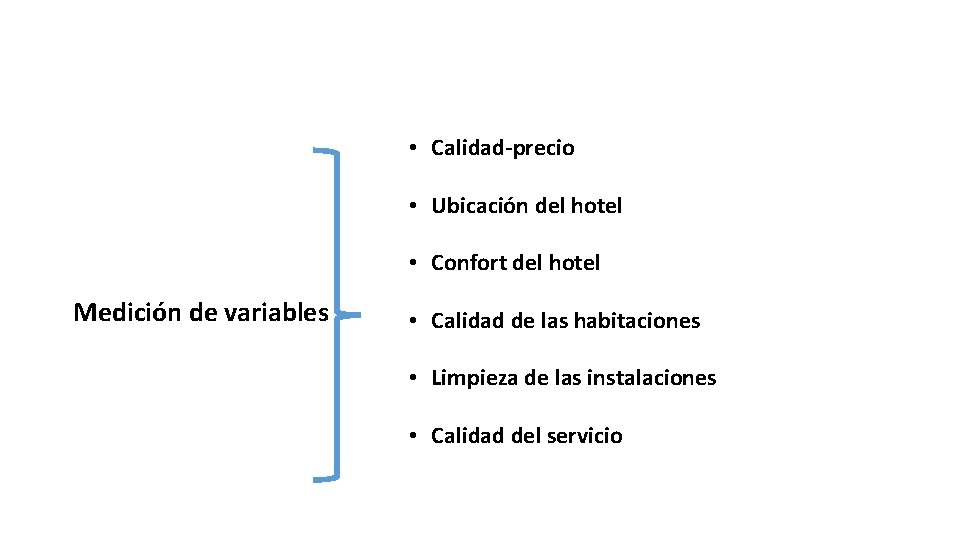  • Calidad-precio • Ubicación del hotel • Confort del hotel Medición de variables