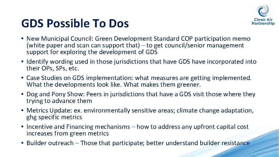 GDS Possible To Dos • New Municipal Council: Green Development Standard COP participation memo