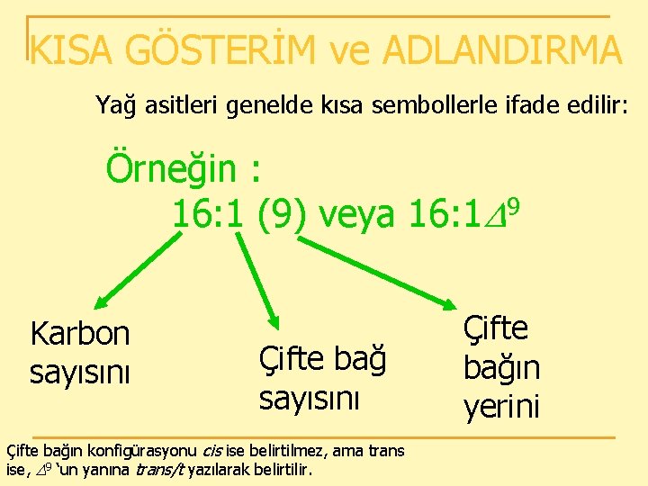 KISA GÖSTERİM ve ADLANDIRMA Yağ asitleri genelde kısa sembollerle ifade edilir: Örneğin : 16: