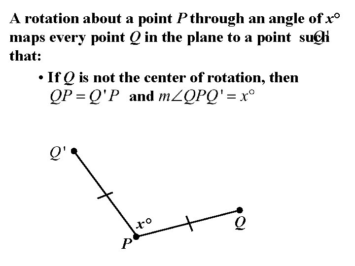 A rotation about a point P through an angle of x° maps every point