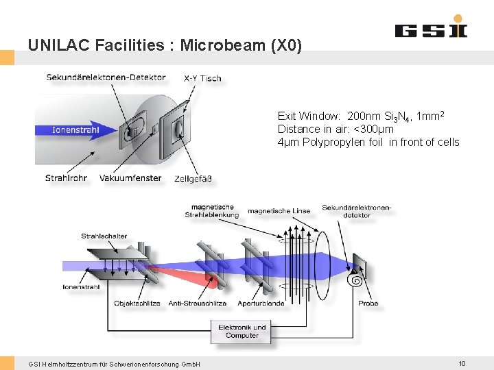 UNILAC Facilities : Microbeam (X 0) Exit Window: 200 nm Si 3 N 4,