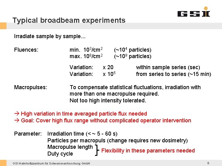 Typical broadbeam experiments Irradiate sample by sample. . . Fluences: min. 103/cm 2 max.