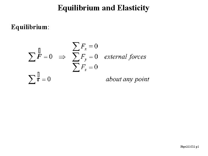 Equilibrium and Elasticity Equilibrium: Phys 211 C 11 p 1 
