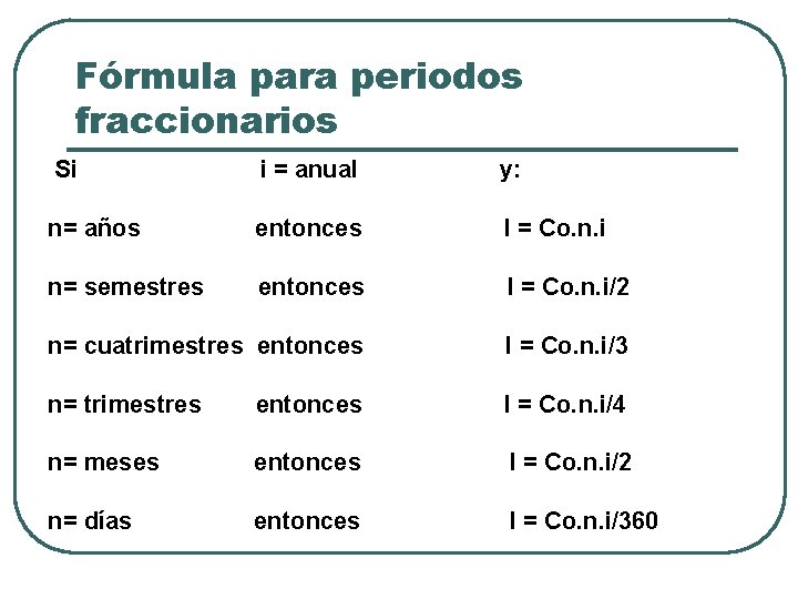 Fórmula para periodos fraccionarios Si i = anual y: n= años entonces I =