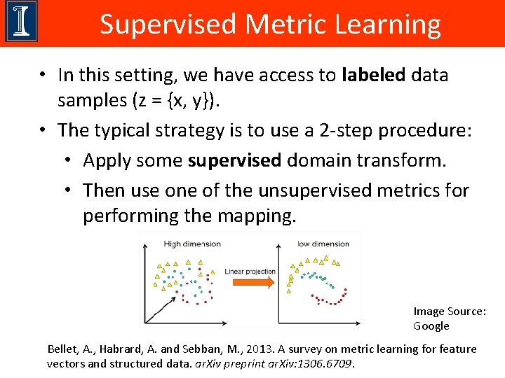 Supervised Metric Learning • In this setting, we have access to labeled data samples