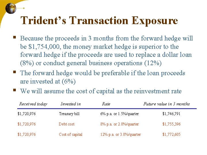 Trident’s Transaction Exposure § § § Because the proceeds in 3 months from the