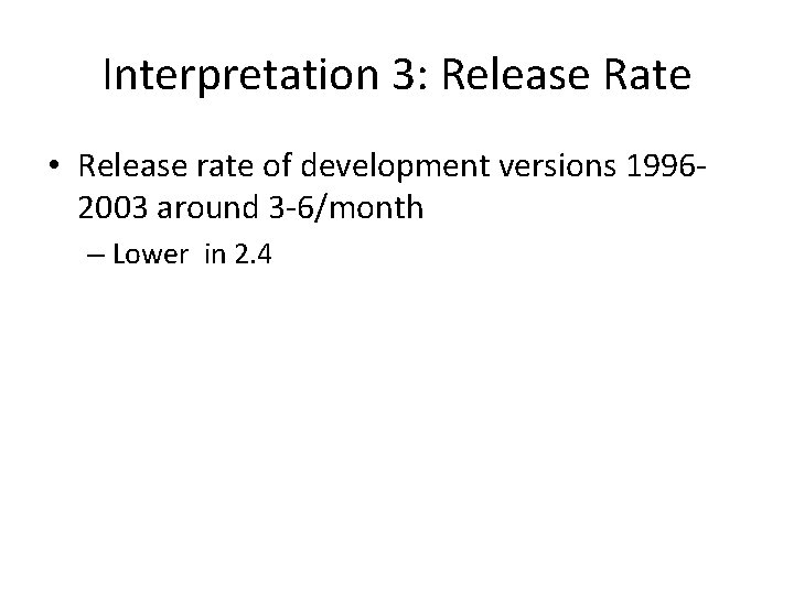 Interpretation 3: Release Rate • Release rate of development versions 19962003 around 3 -6/month