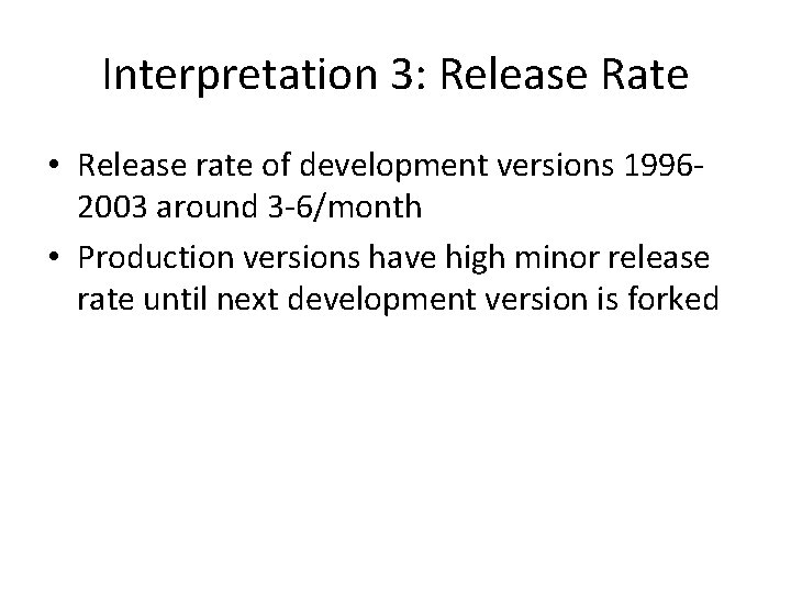 Interpretation 3: Release Rate • Release rate of development versions 19962003 around 3 -6/month