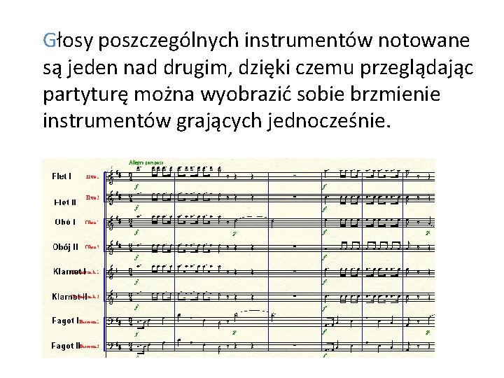 Głosy poszczególnych instrumentów notowane są jeden nad drugim, dzięki czemu przeglądając partyturę można wyobrazić