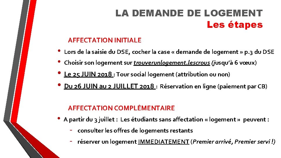 LA DEMANDE DE LOGEMENT Les étapes AFFECTATION INITIALE • • Lors de la saisie LA DEMANDE DE LOGEMENT Les étapes AFFECTATION INITIALE • • Lors de la saisie