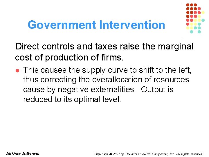 Government Intervention Direct controls and taxes raise the marginal cost of production of firms.