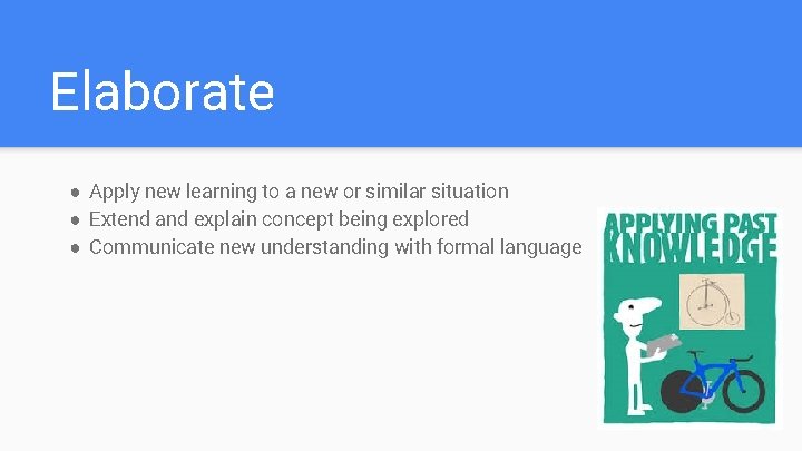 Elaborate ● Apply new learning to a new or similar situation ● Extend and