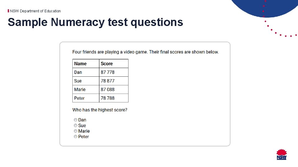 NSW Department of Education Sample Numeracy test questions 