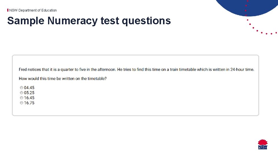 NSW Department of Education Sample Numeracy test questions 