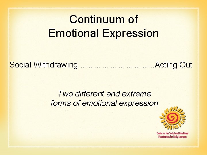  Continuum of Emotional Expression Social Withdrawing……………. . Acting Out Two different and extreme